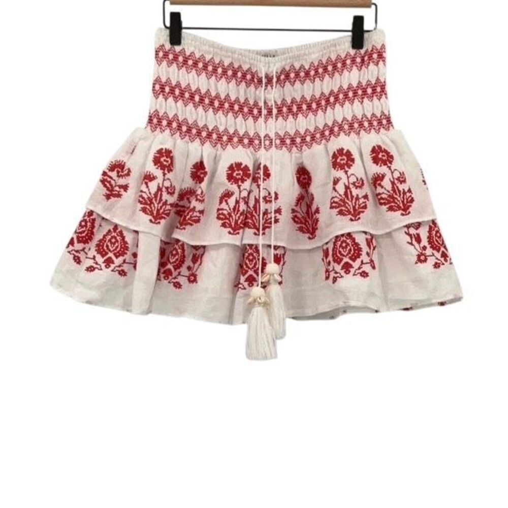 Milly Red Estee Cross Stitch Embroidered Tassel Tiered Linen Mini Skirt Sz 12